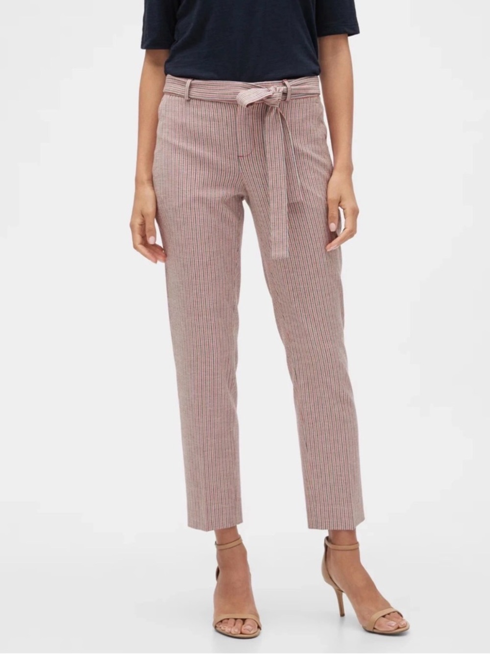Banana Republic Avery Ankle Pants Womens 4 Red Stripe Tie Waist Career Cropped